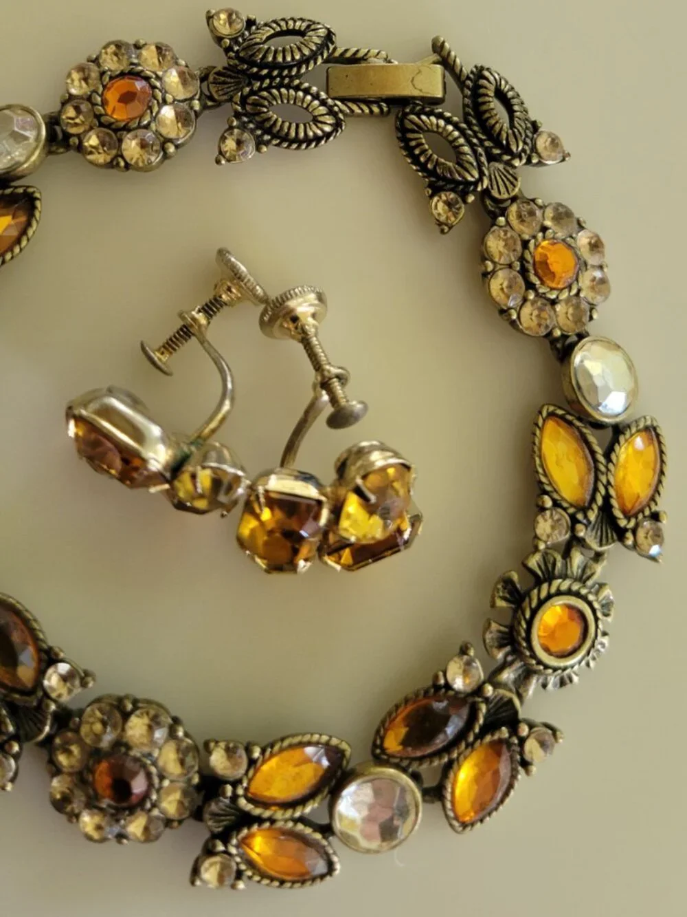 1960s Amber Rhinestone Bracelet & Matching Screw Back Earrings Set MCM Jewelry
