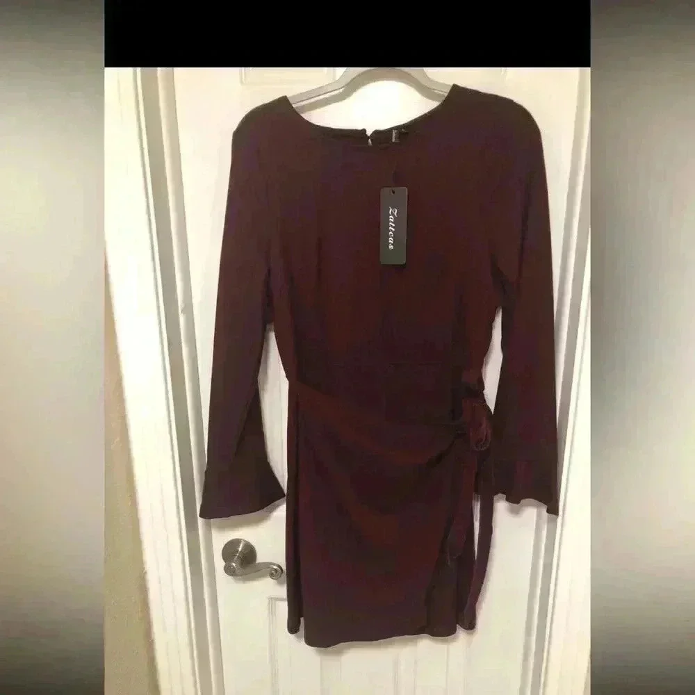Deep Burgundy Ruffled Bell Sleeve Sheath Dress