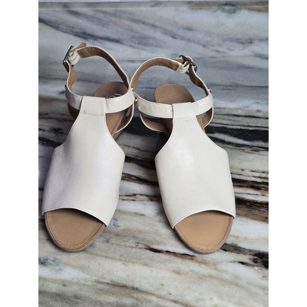 Franco Sarto Annika Cream Leather Low Wedge‎ Sandals Mens 10M Ivory Buckle Strap