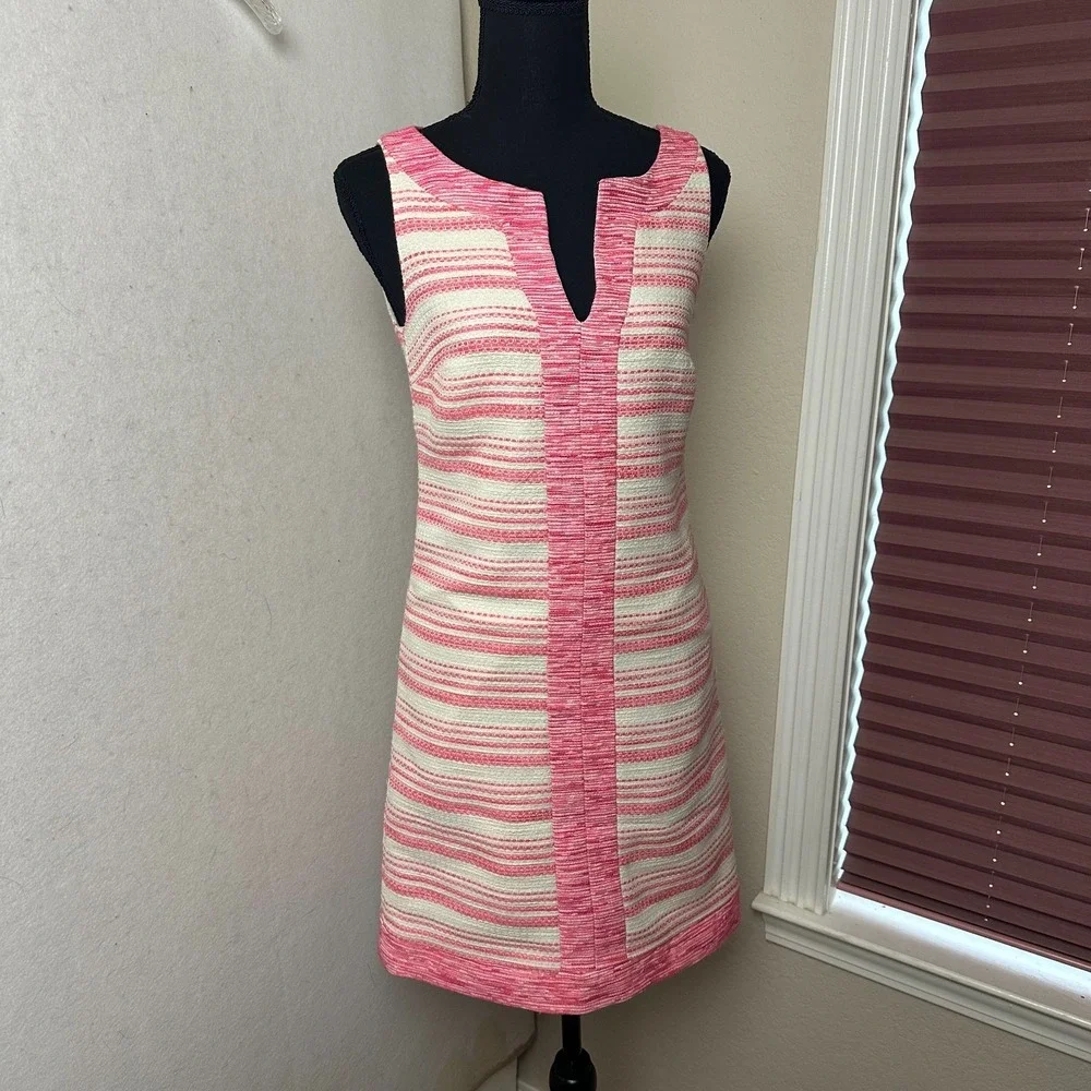 Trina Turk‎ Pink Striped Sleeveless Split Neck Shift Dress TD133015 Made in USA