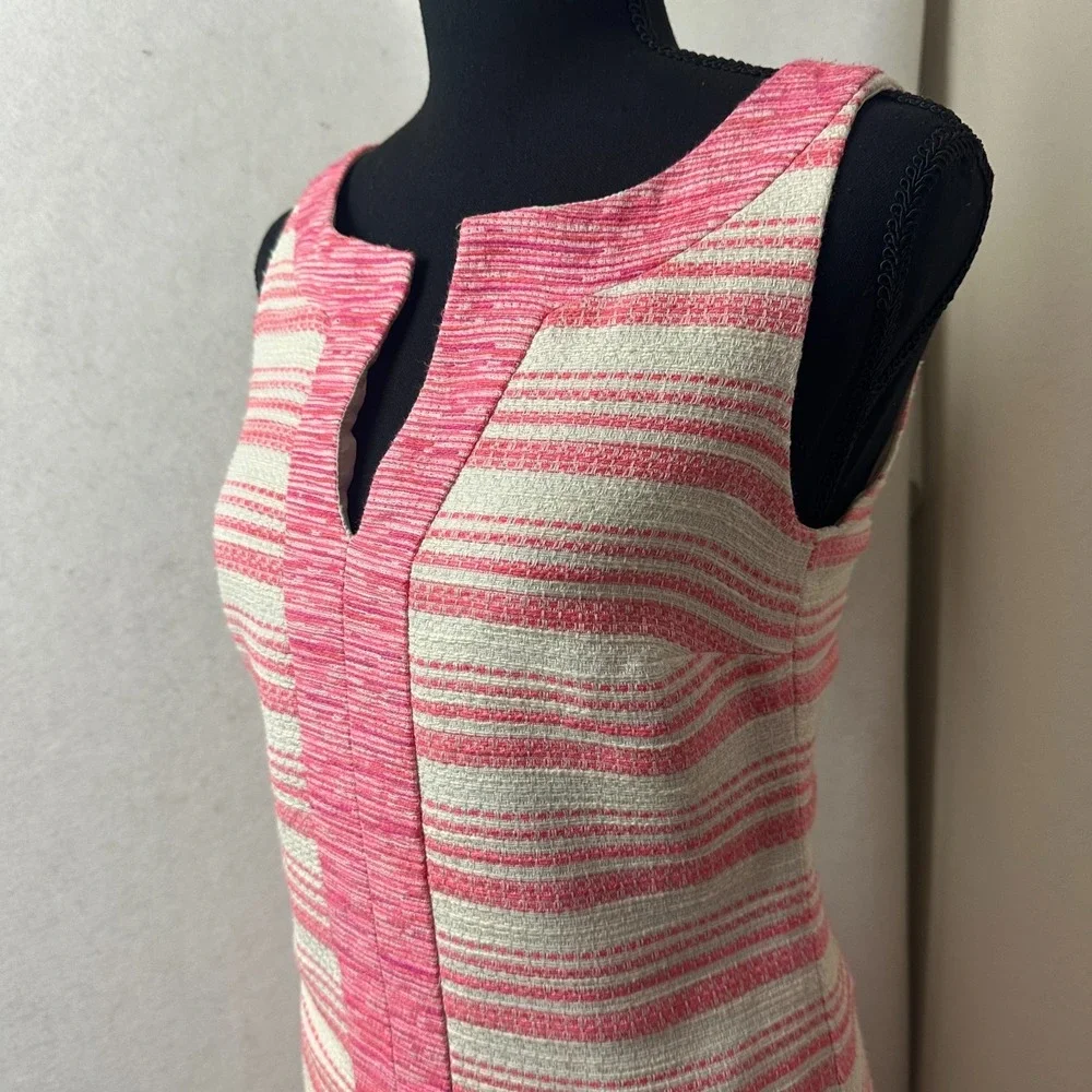 Trina Turk‎ Pink Striped Sleeveless Split Neck Shift Dress TD133015 Made in USA