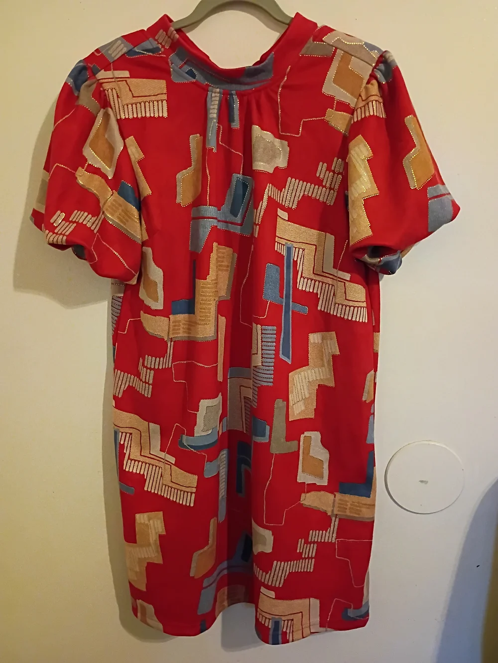 Voy Women's Red Geometric‎ Mini Dress Metallic Trim Sz L NWT