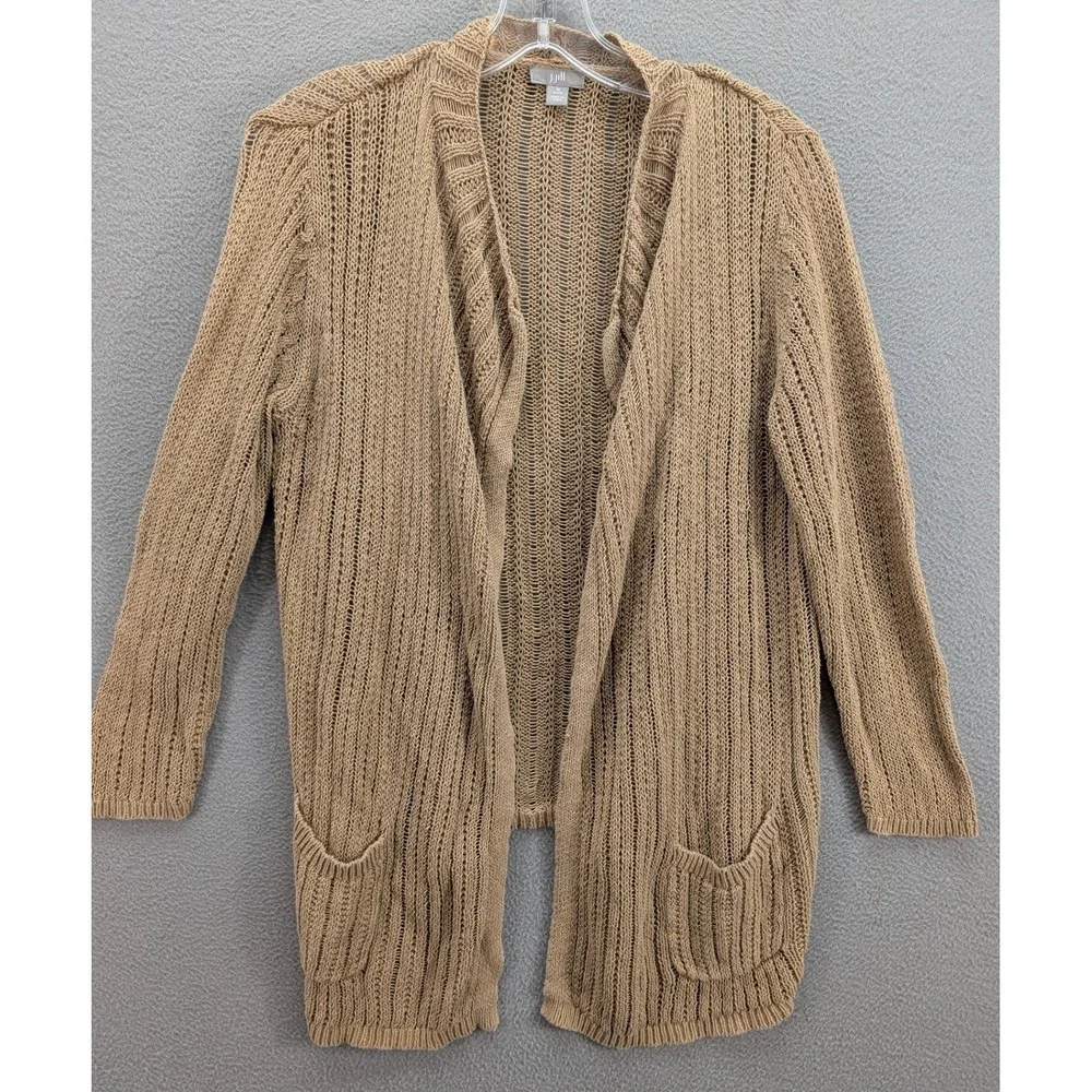 J. Jill Pointelle Knit Open Front Cardigan Sweater Womens M Pockets Coastal Boho