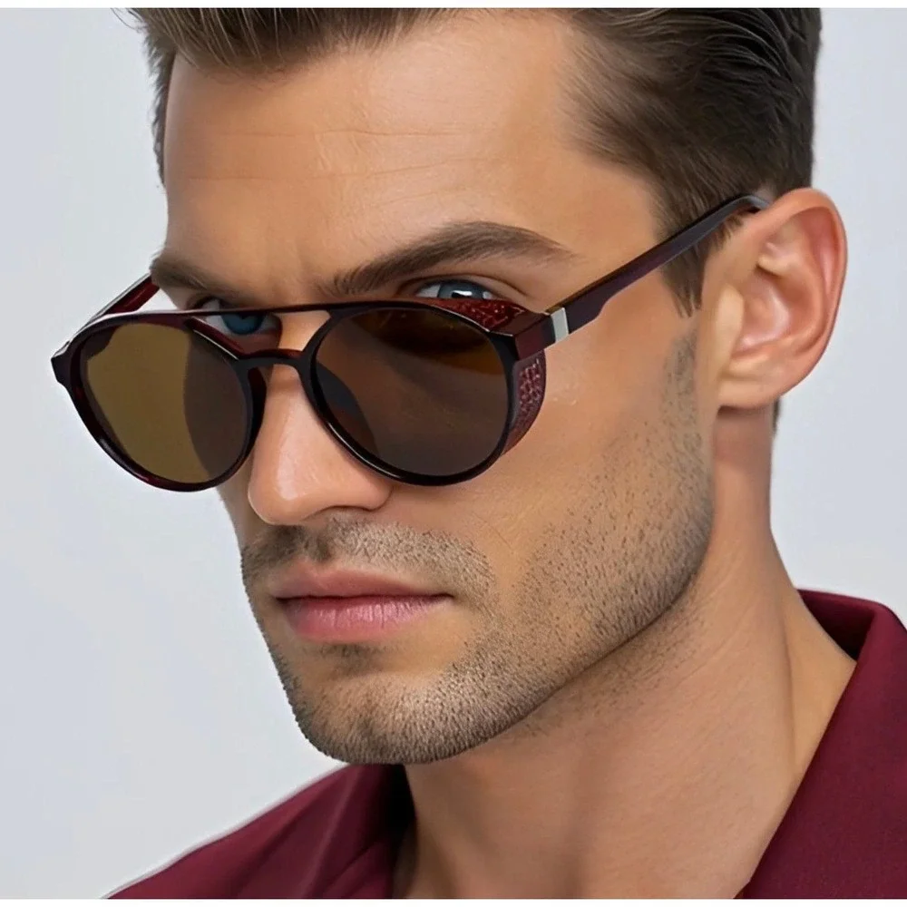 Unisex‎ Vintage Steampunk Sunglasses Fashion Round Brown Retro Eyewear Men Women