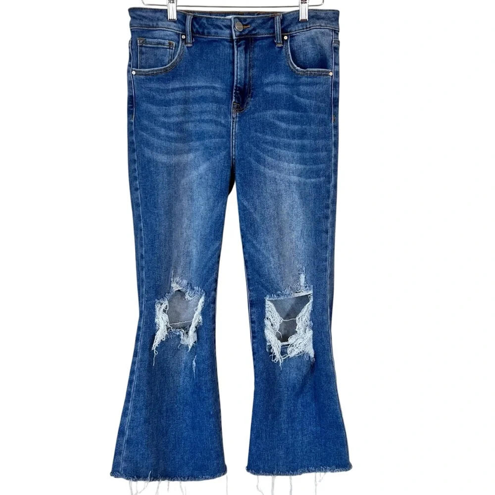 Risen High Rise Raw Hem Distressed Ankle Straight Jeans