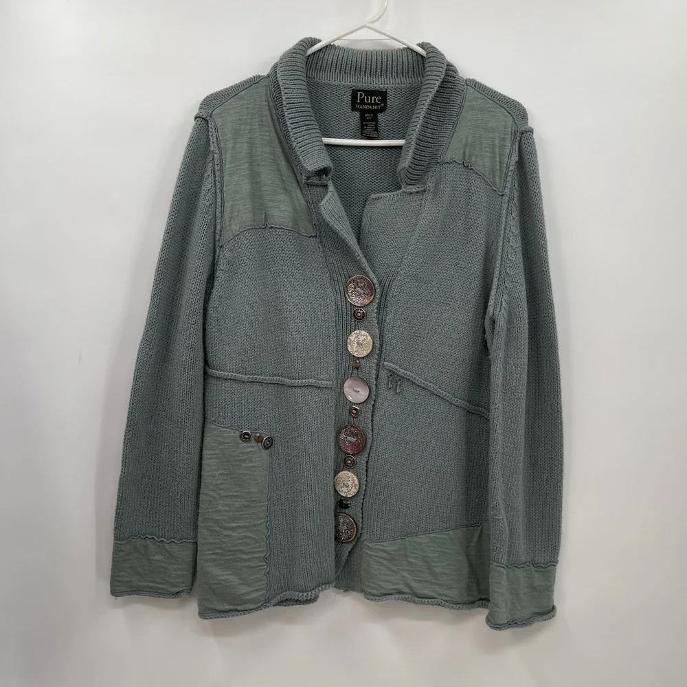 Pure Handknit‎ XS/S Button Up Cardigan Sweater Sage Green Cotton Bohemian