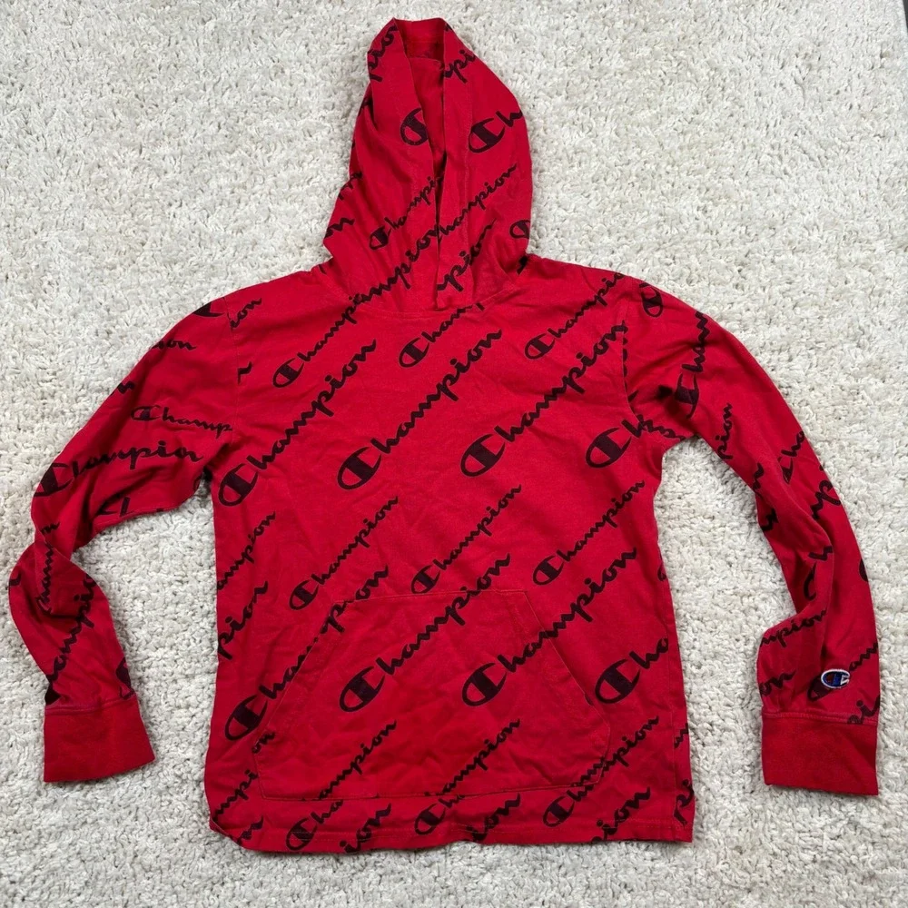 Champion Kids Red All Over Logo Hoodie Sweatshirt Size M‎