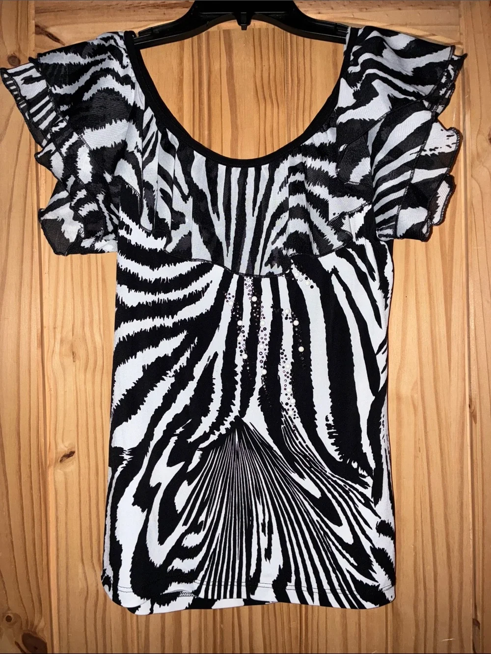 Picadilly Fashion Black and White Zebra-Print Ruffle Sleeve Top