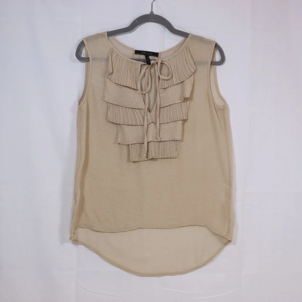 BCBGMAXAZRIA‎ Ruffle Tiered Tank Top S Beige Womens Sleeveless High Low Blouse