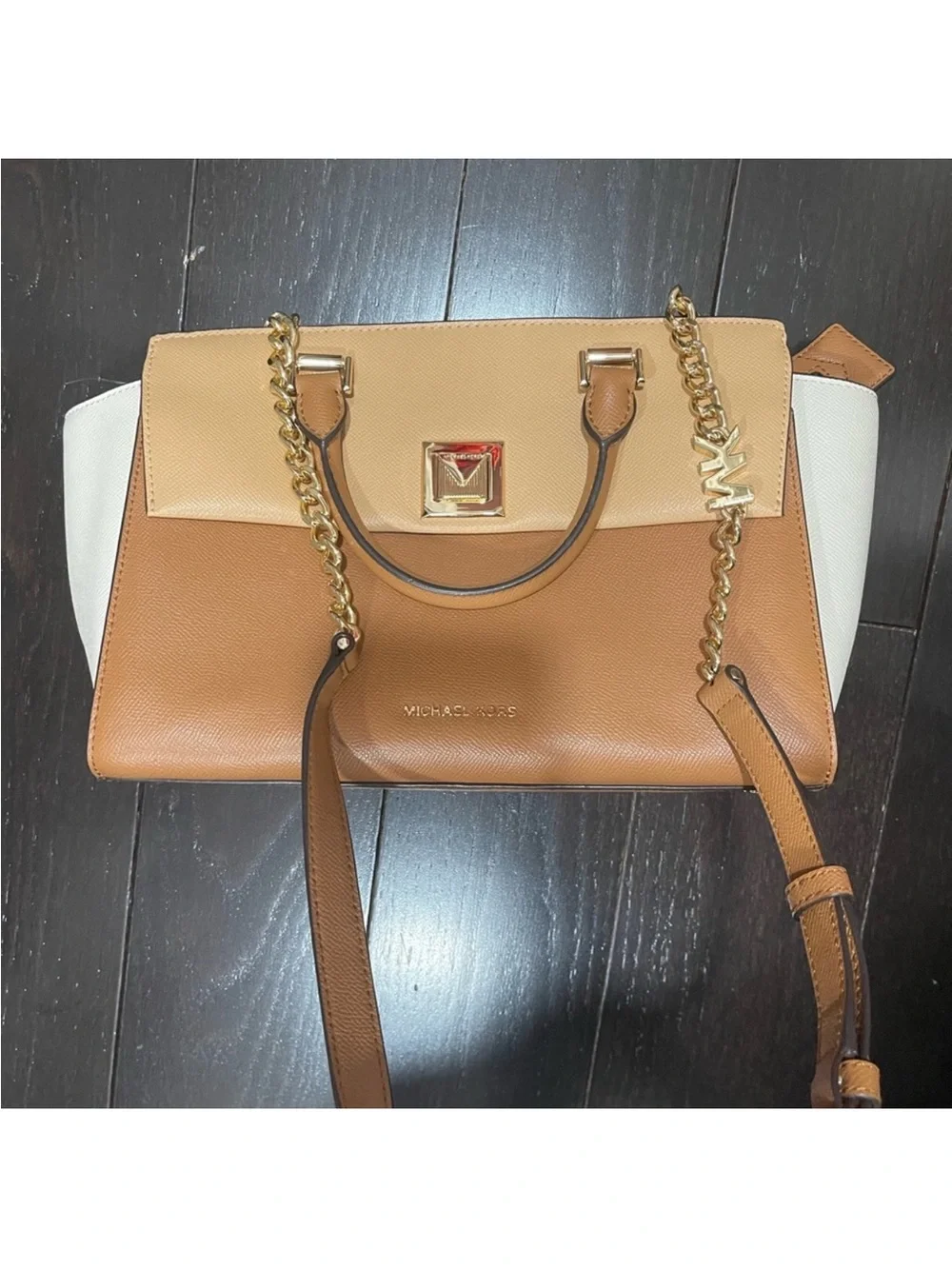 Michael Kors Sylvia Medium Tri-Color Crossgrain Leather Satchel
