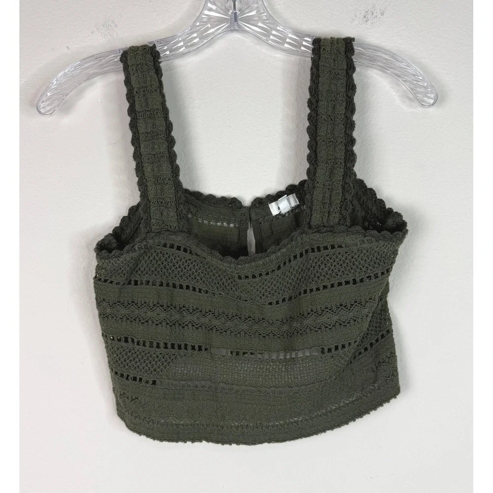 Aerie Cropped Tank Top Women Small Olive Green Crochet Eyelet Boho Square Neck