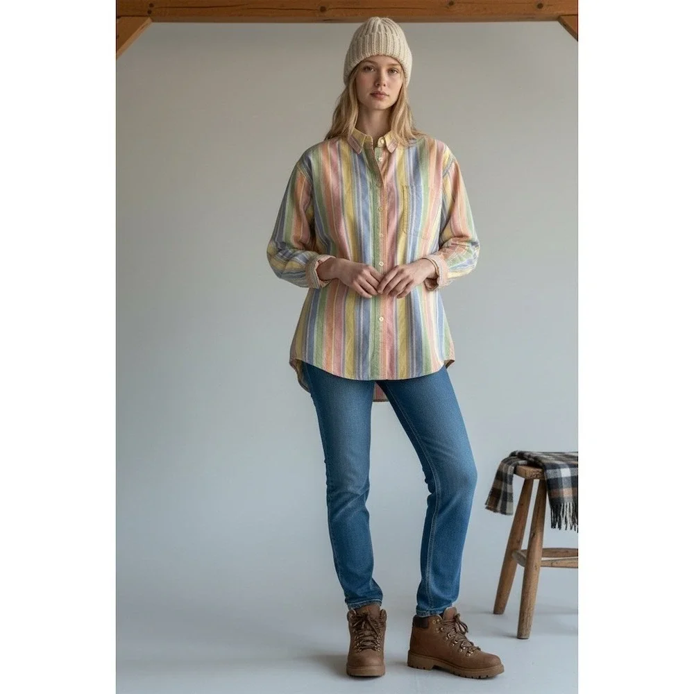 L.L.Bean Button-Up Shirt Womens XL Pastel Multicolor Striped Collared cabincore