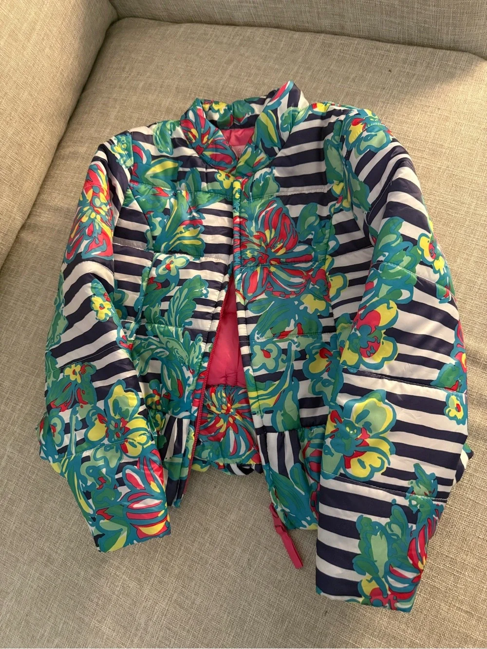 Lilly Pulitzer Navy Stripe Multi Floral Kids Puffer Jacket