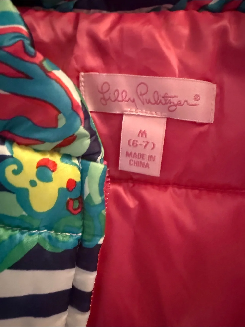 Lilly Pulitzer Navy Stripe Multi Floral Kids Puffer Jacket