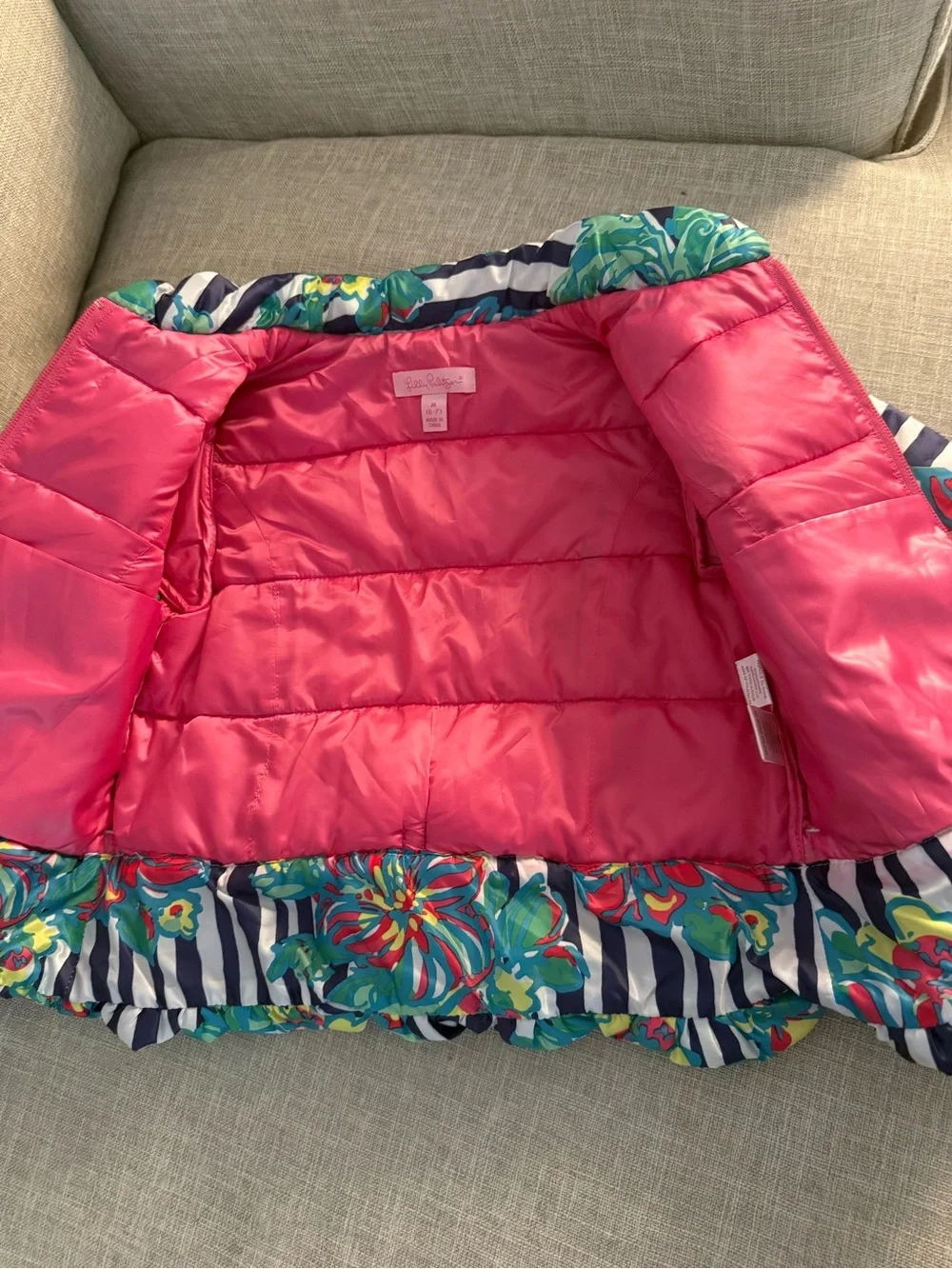 Lilly Pulitzer Navy Stripe Multi Floral Kids Puffer Jacket