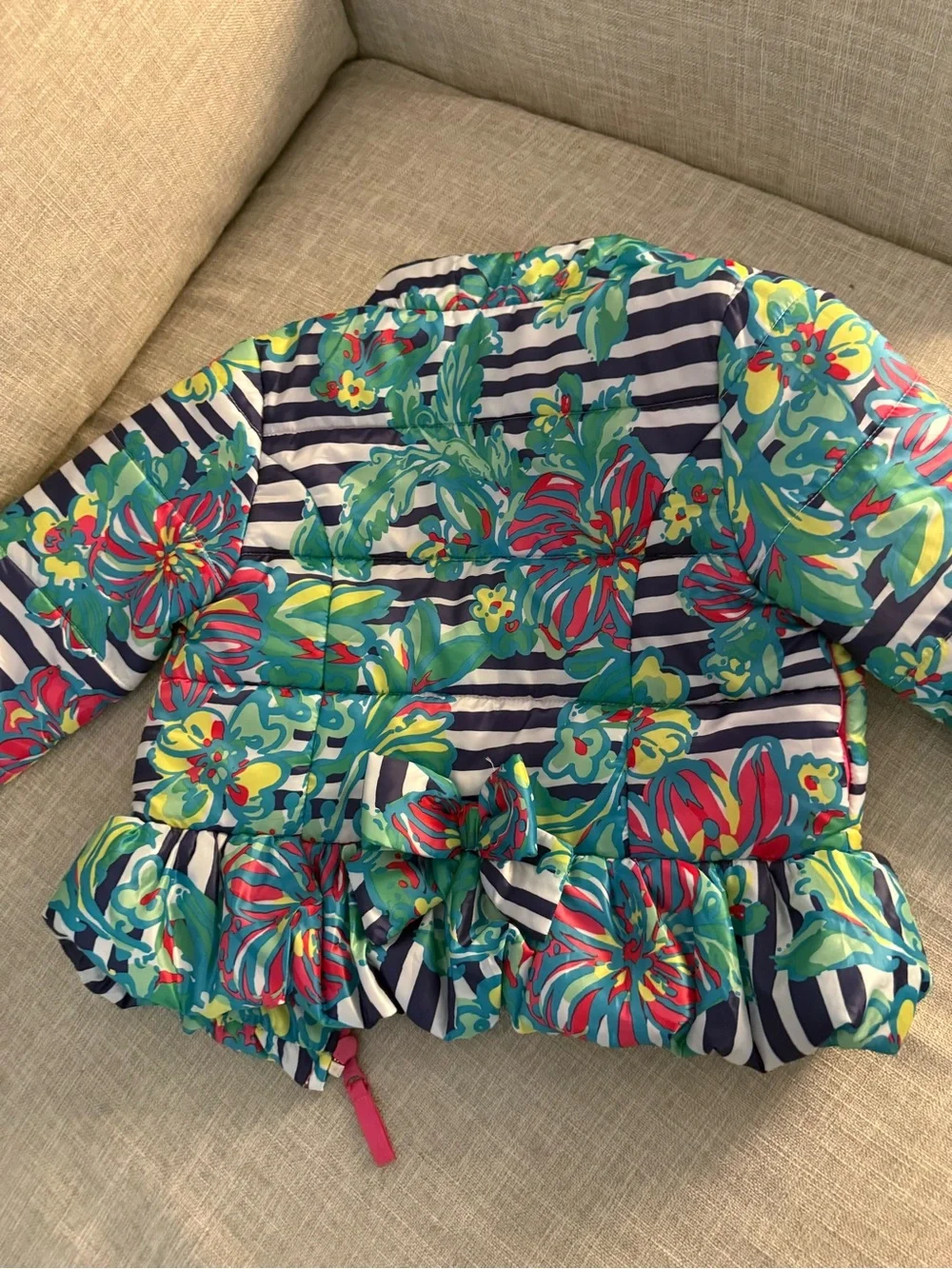 Lilly Pulitzer Navy Stripe Multi Floral Kids Puffer Jacket