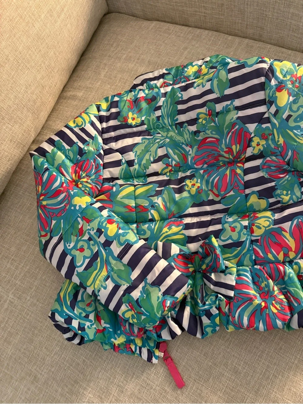Lilly Pulitzer Navy Stripe Multi Floral Kids Puffer Jacket