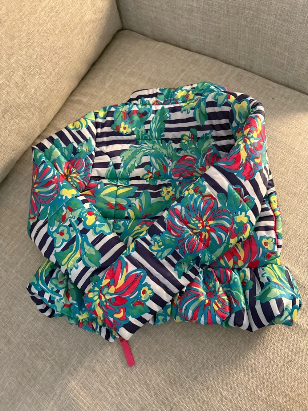 Lilly Pulitzer Navy Stripe Multi Floral Kids Puffer Jacket