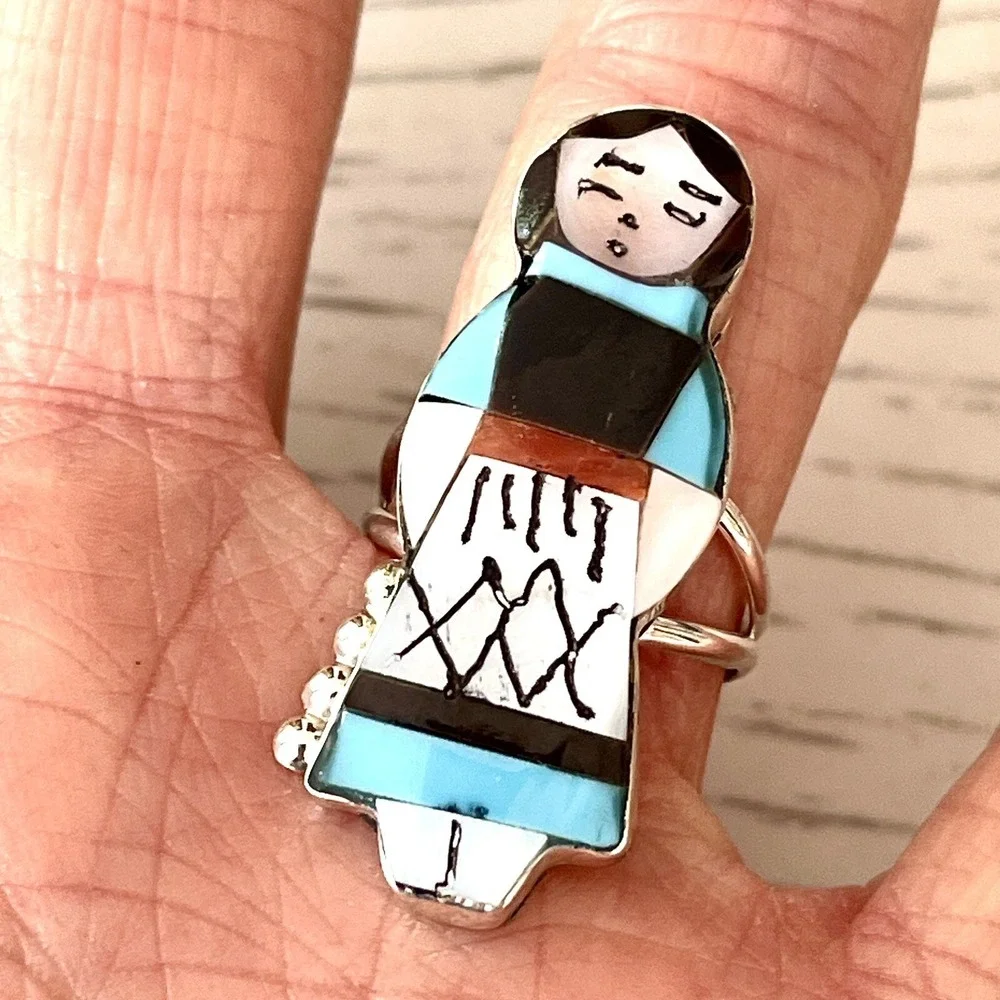 Zuni Indian Maiden‎ Ring Sz 6.5 Turquoise Inlay Signed Joyce Waseta Woman Dress