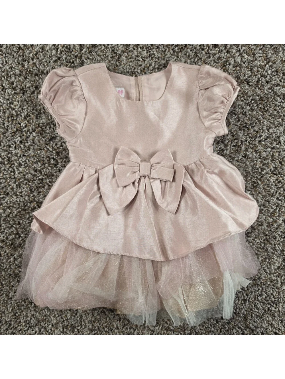 Bonnie Baby Girls Sz 12M Short Sleeve Formal Dress Champagne Pink Gold Tulle Bow