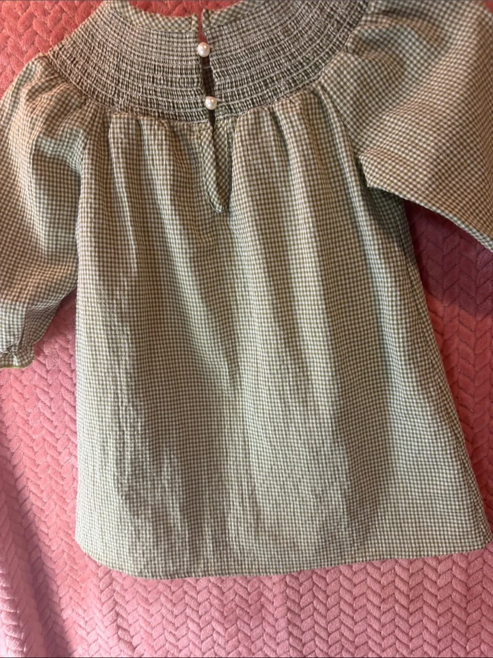 Girls' Green Gingham Smocked Holiday Dress with Santa Detail