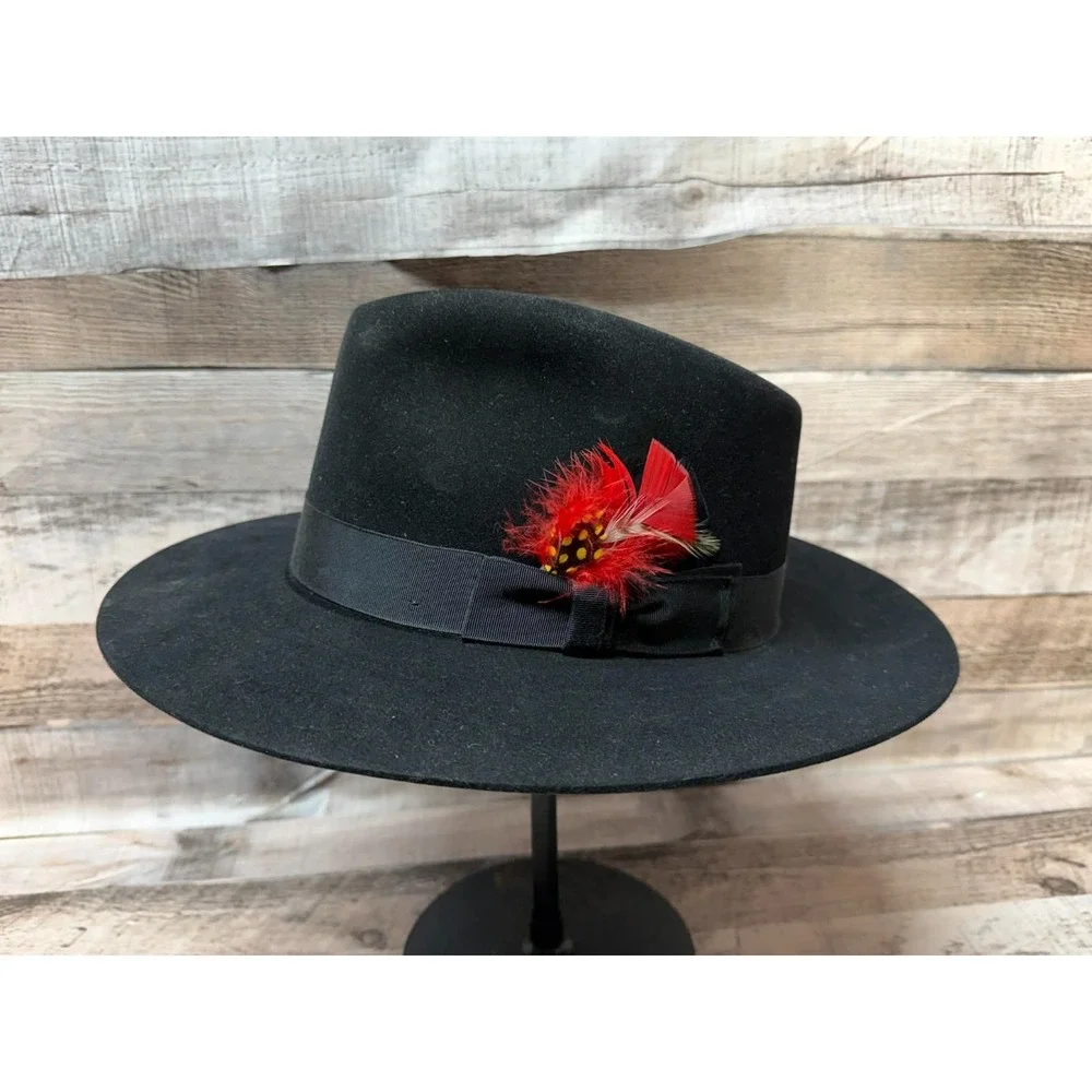 Millers Cowboy Hat Made by Imperial‎ Stetson Black Leather Red Feather Sz 7 1/8