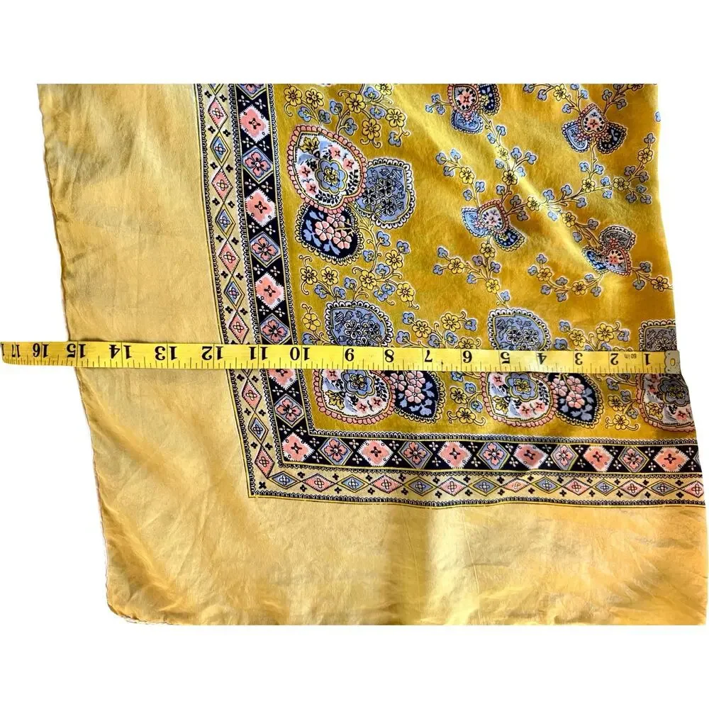 Vintage 1970s Silk Paisley Medallion Scarf Mustard Gold Floral Rolled 30