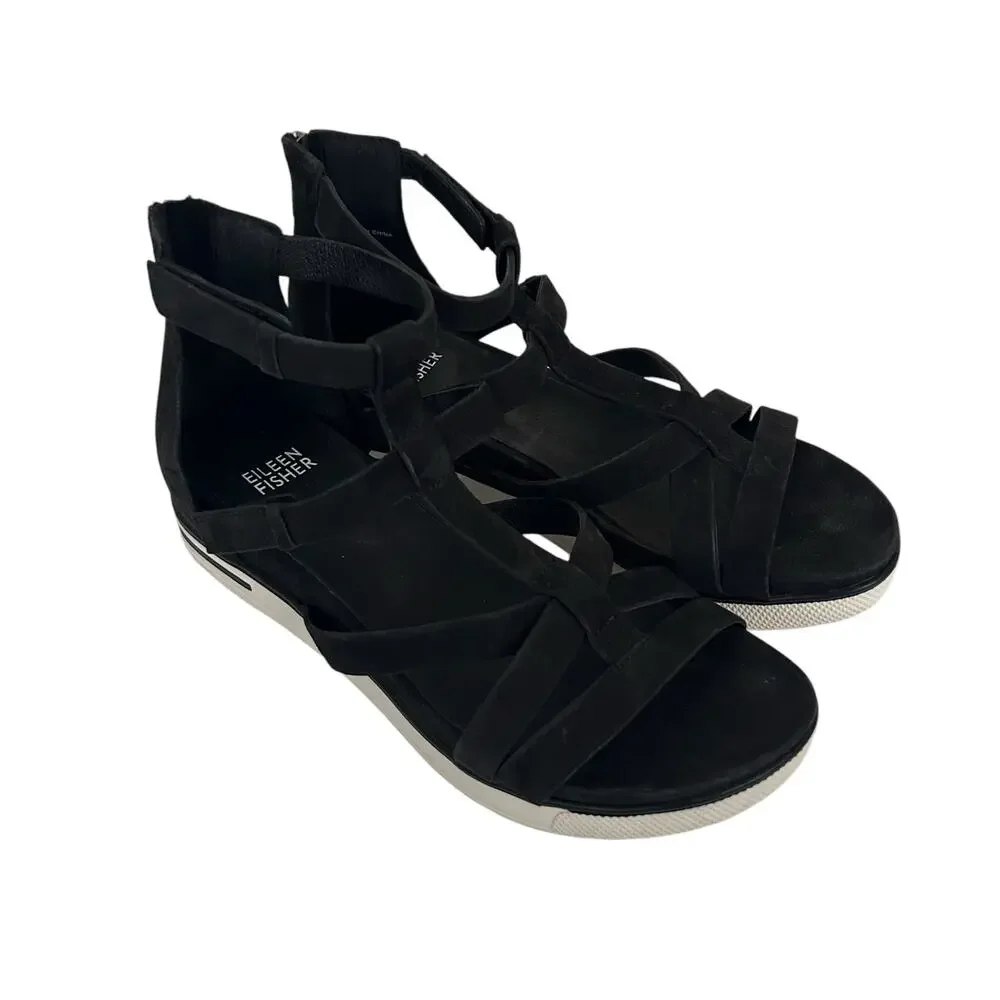 Eileen Fisher Black Sola Tumbled Nubuck Sandals Sz 7