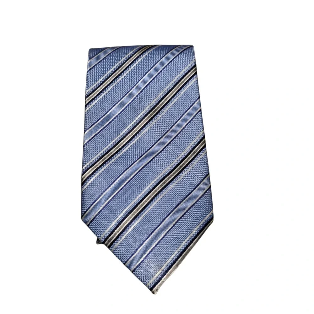 Tasso Elba SPA Mens Luxury Tie Blue  Silver Stripes 100% Silk‎ Neckwear Necktie