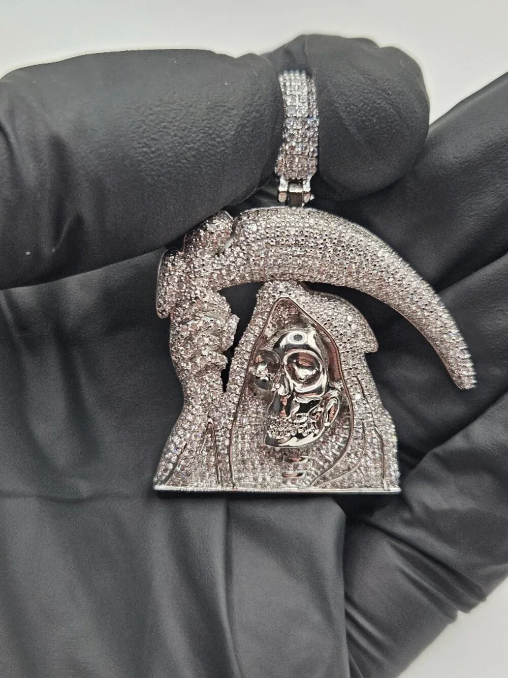 Iced Out Silver Filled 5A CZ Grim Reaper Santa Muerte Pendant 9mm Bail