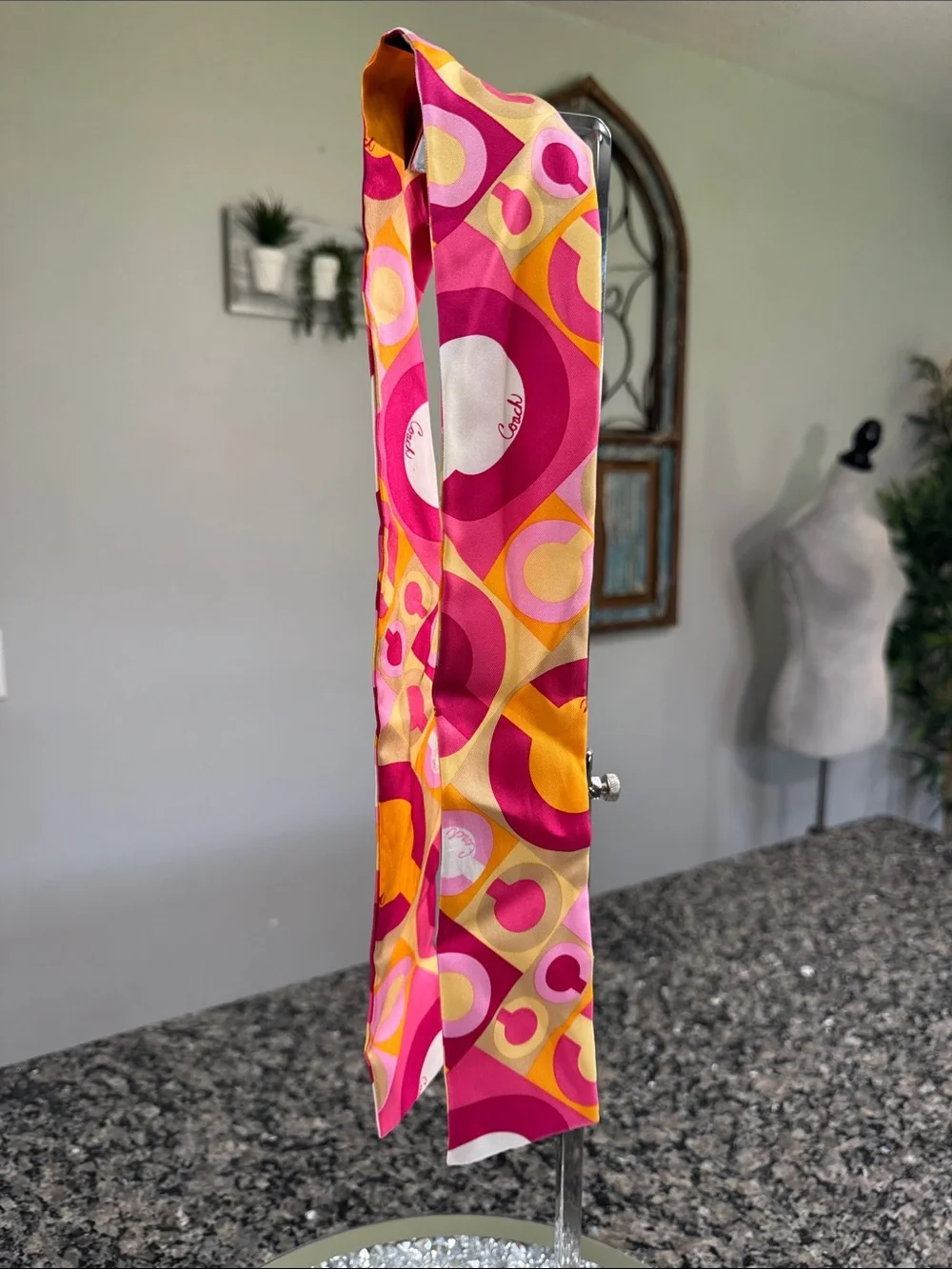 Coach silk twilly scarf Pink, Yellow & Orange Graphic Signature Scarf EUC