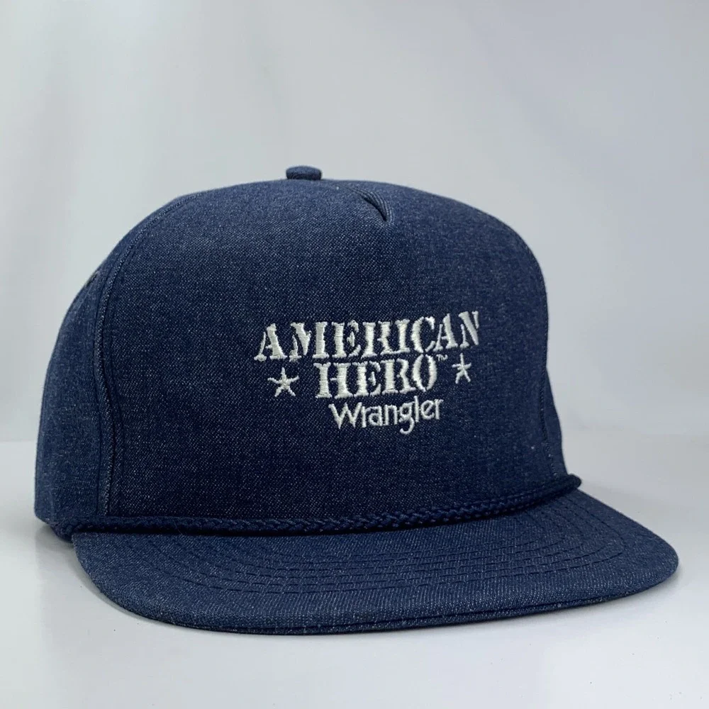 Vintage Wrangler American Hero Trucker Hat Denim Rope Snapback Cap Made in USA