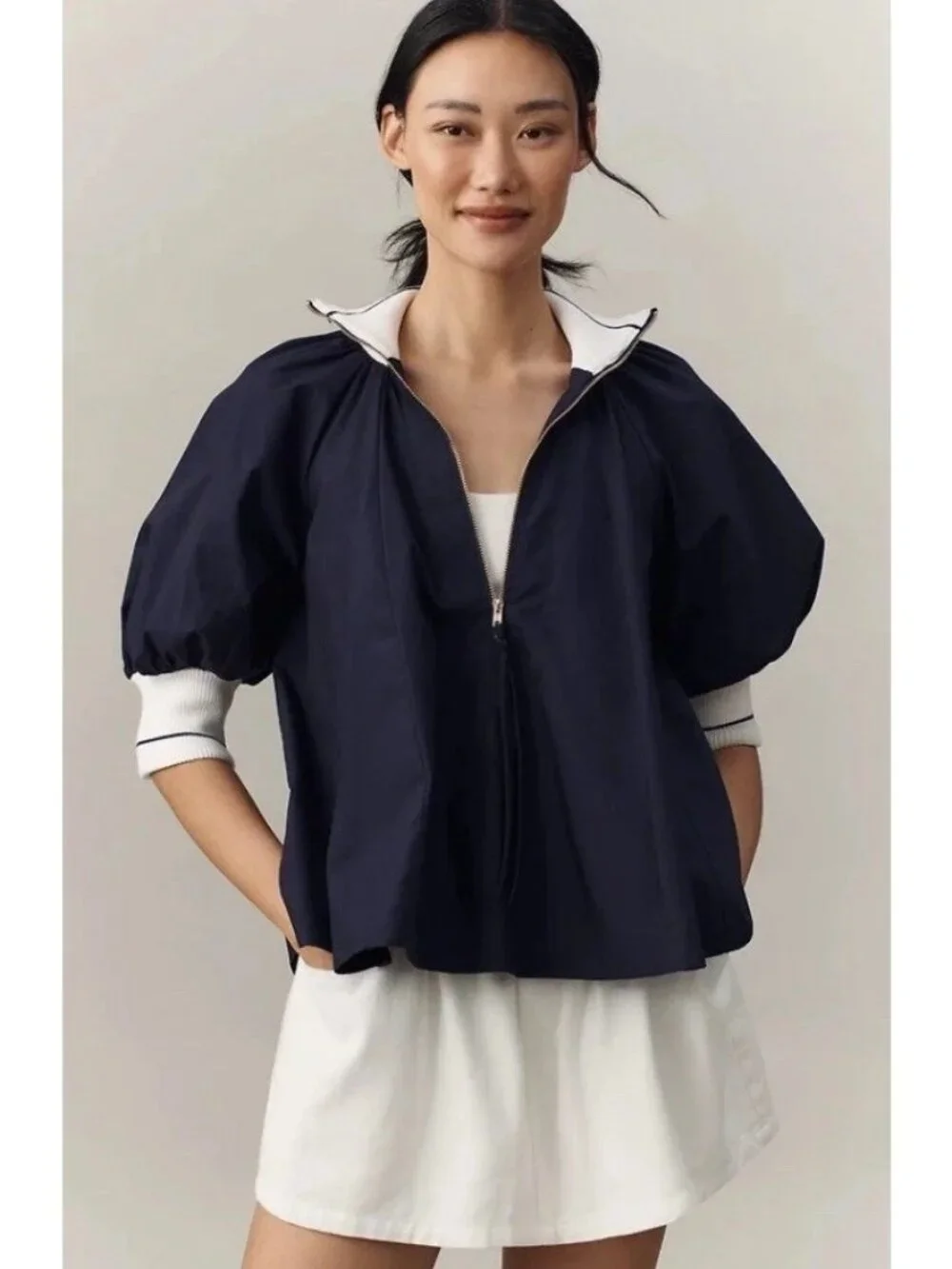 ANTHROPOLOGIE MAEVE Half-Zip Puff-Sleeve Sporty Henley Blouse Navy Sz M NWOT