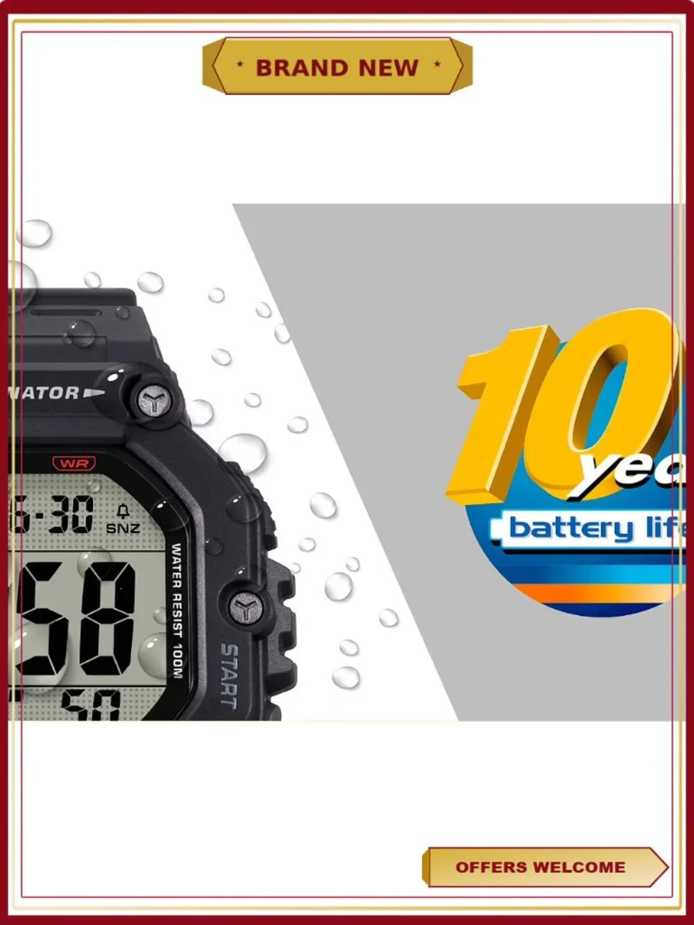 Mens Digital Watch Large LCD 10-Year Battery 100M Water Resistant Stopwatch