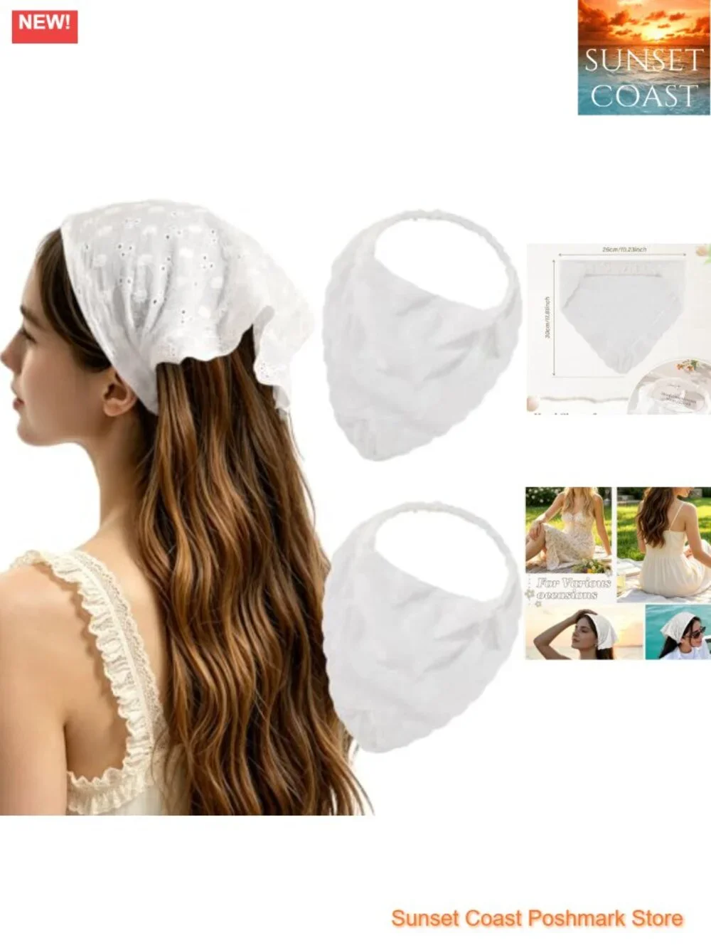 Lace Head Scarf for Women Cotton Elastic Wrap Headband Bandana 2PCS
