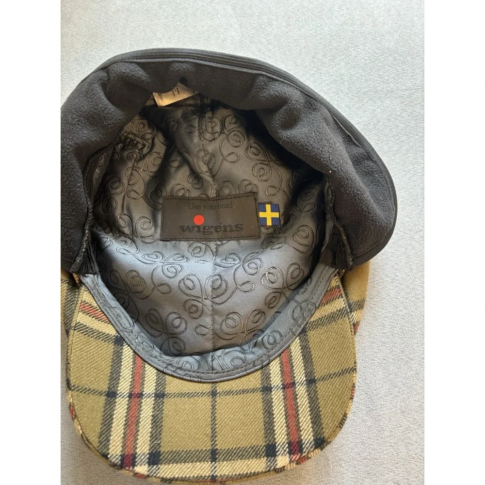 Wigéns Mens Wool Newsboy Flat Cap Size 59 7 3/8 Plaid Ear Flaps Lined Peaky