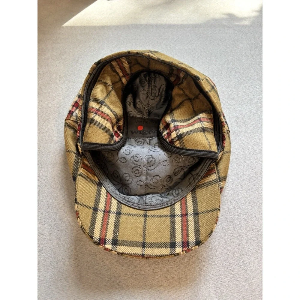 Wigéns Mens Wool Newsboy Flat Cap Size 59 7 3/8 Plaid Ear Flaps Lined Peaky