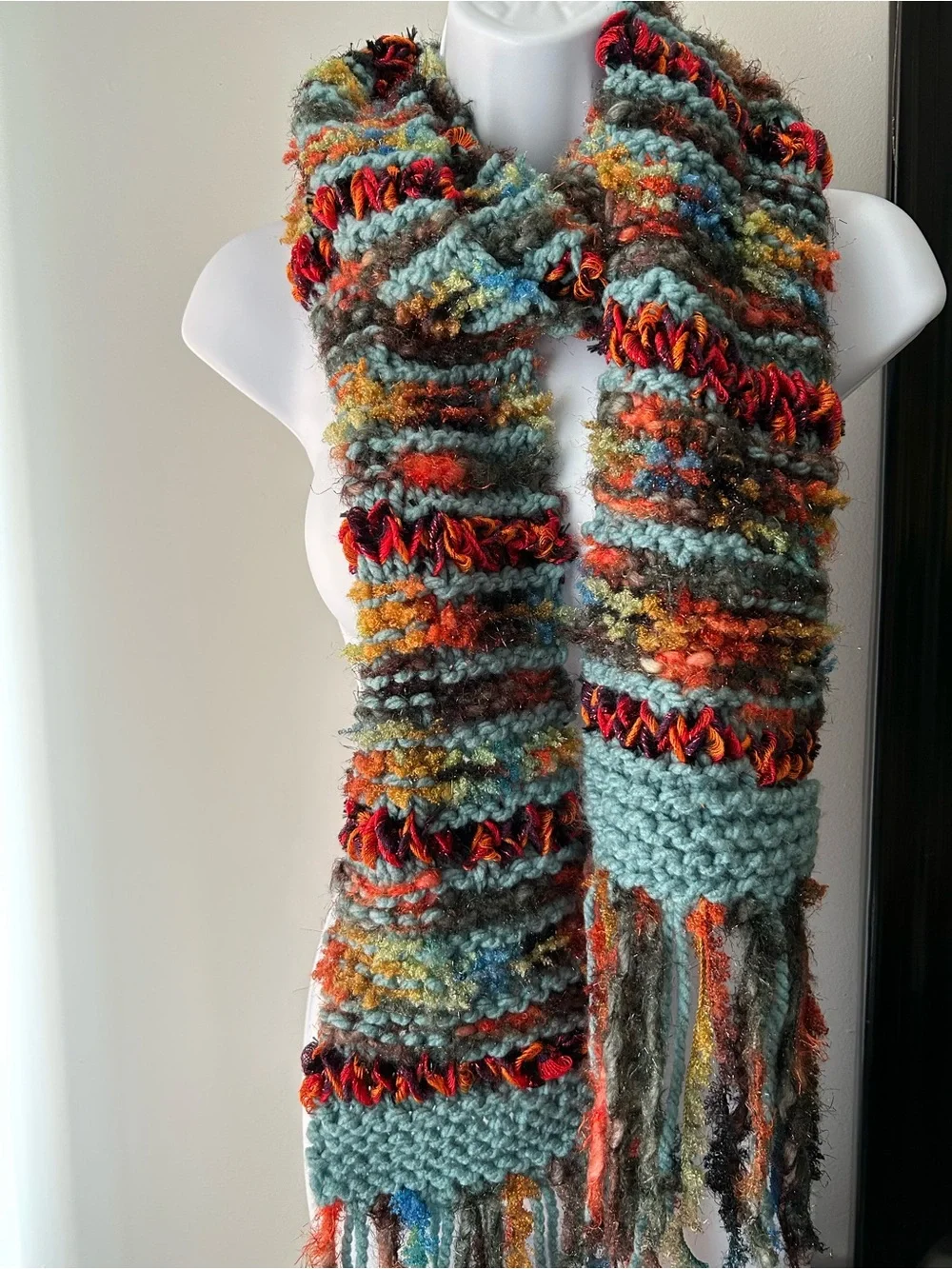 Handmade Multicolor Knit Scarf with Teal and Rust Accents