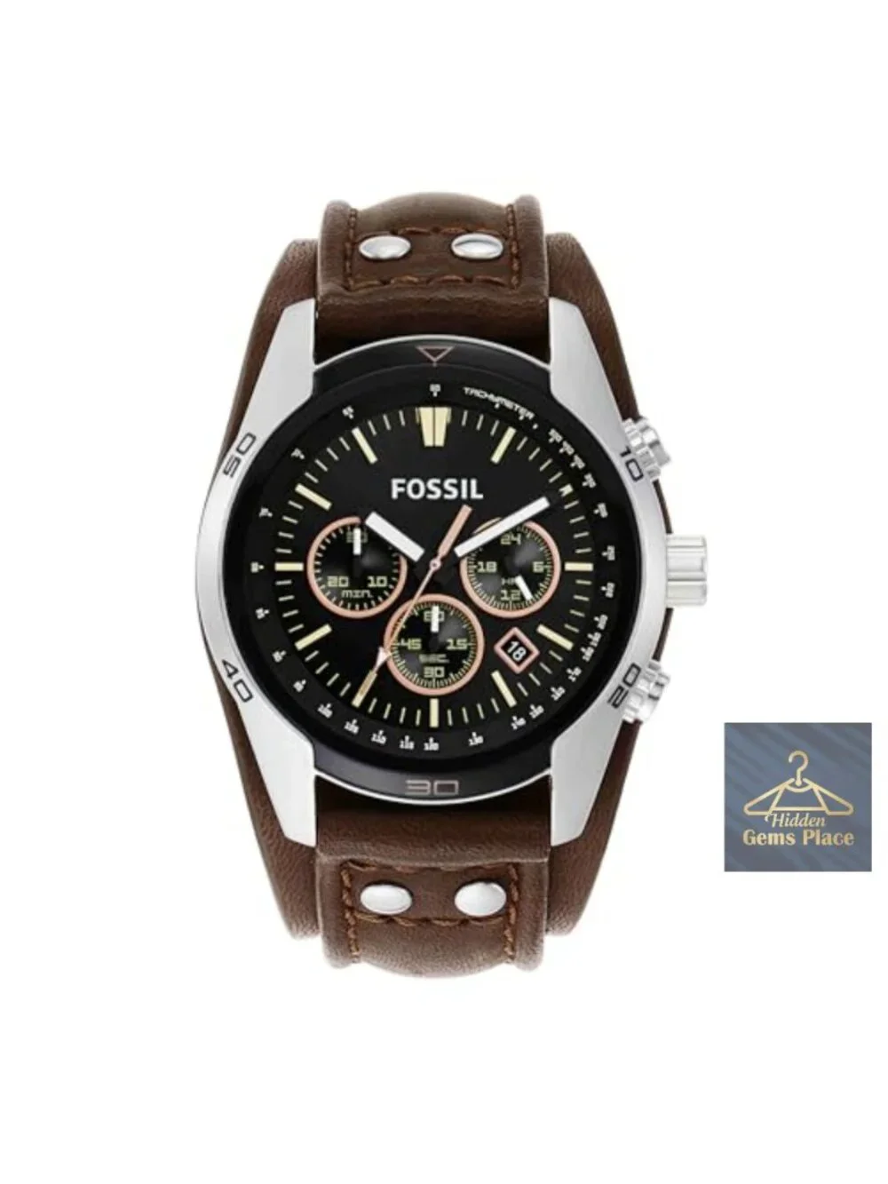 Men's Fossil Quartz Chronograph Leather Strap Watch 44mm Water Resistant