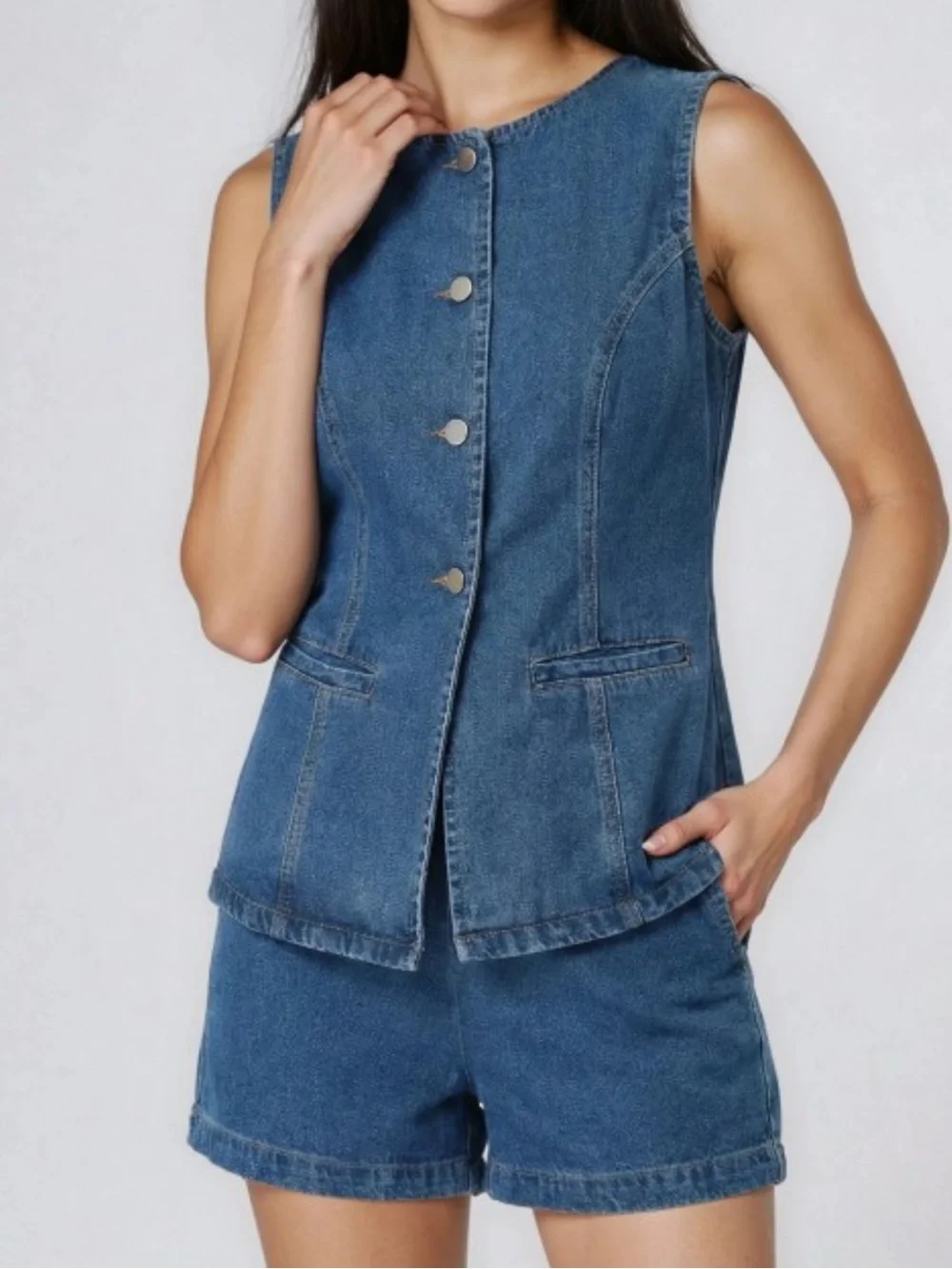 Light Blue Denim Sleeveless Button Vest & Shorts Set