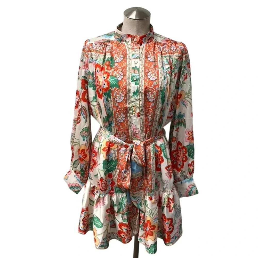 Fate‎ Floral Mini Dress Women Small Orange White Mock Neck Button Up Retro