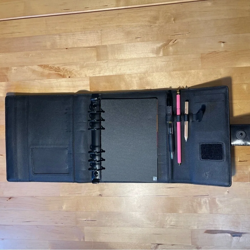 Vintage Time Manager Original Black Gloss Leather 6-Ring Personal Planner Binder