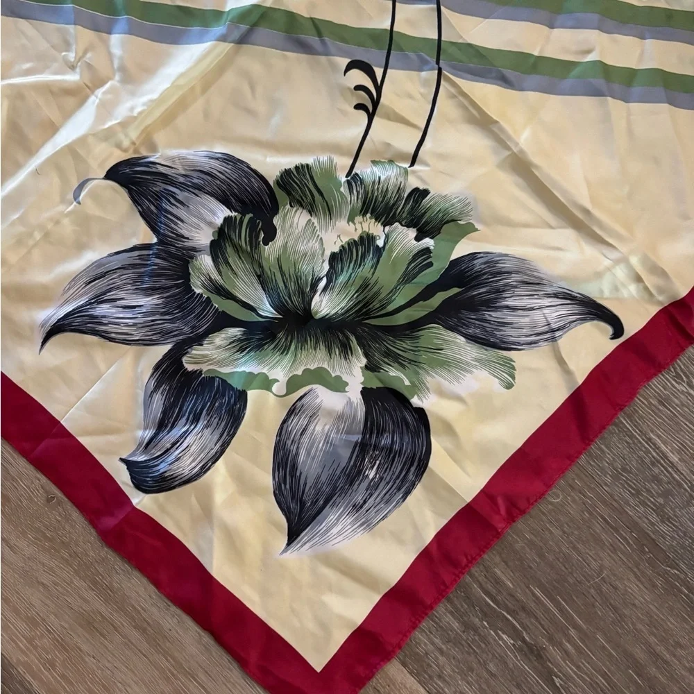 Vintage Floral Silky Square Scarf in Green, Cream & Red Trim