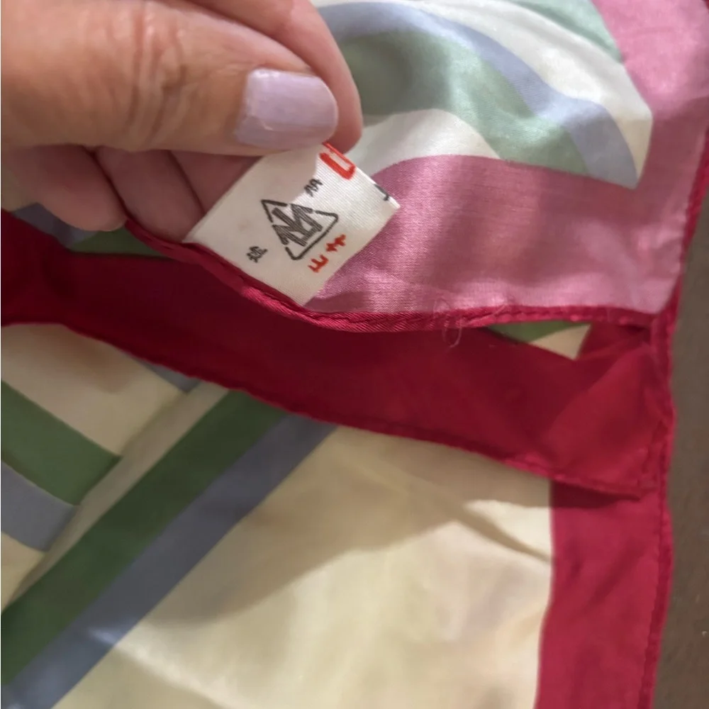 Vintage Floral Silky Square Scarf in Green, Cream & Red Trim