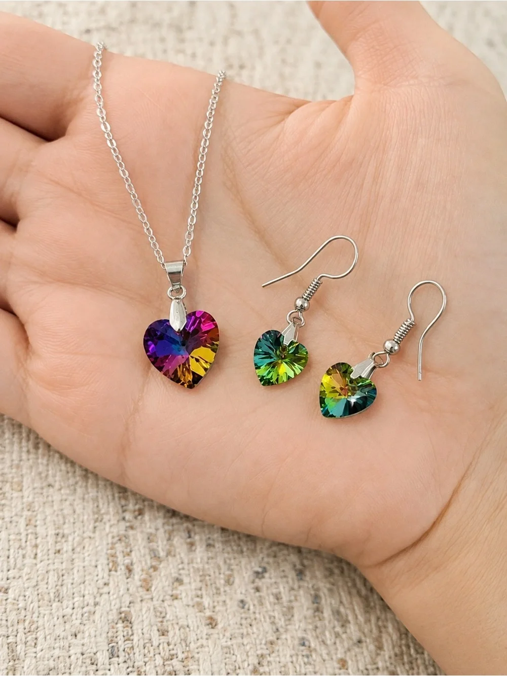 Multicolor stainless steel Heart Crystal Necklace & Earring Set - Women Jewelry