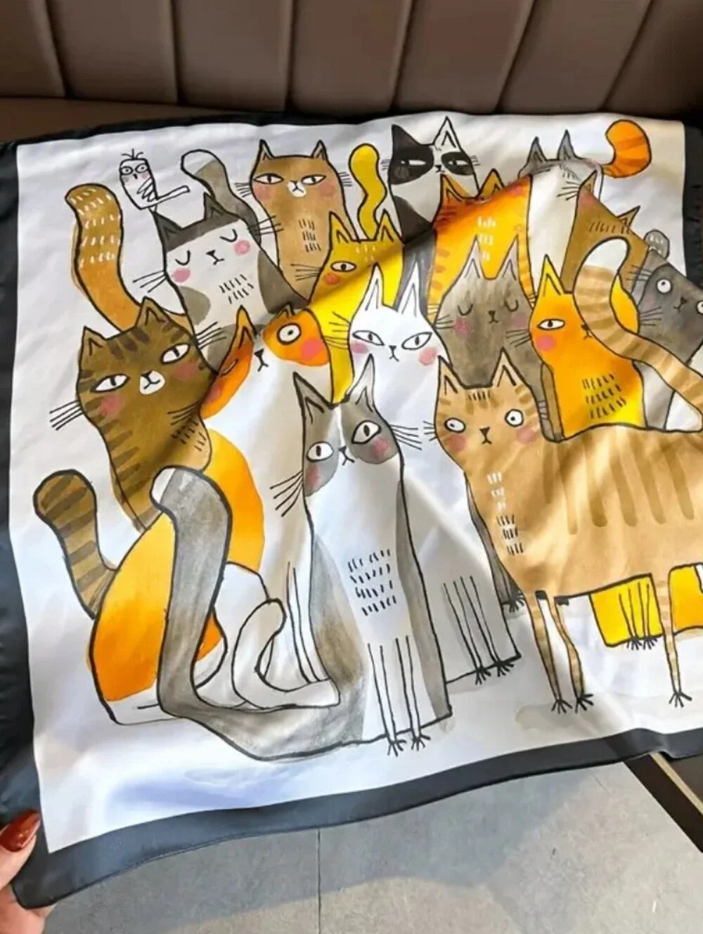 Silk-feel  White & Yellow Cat Print  Scarf Head Scarf , Neck Scarf