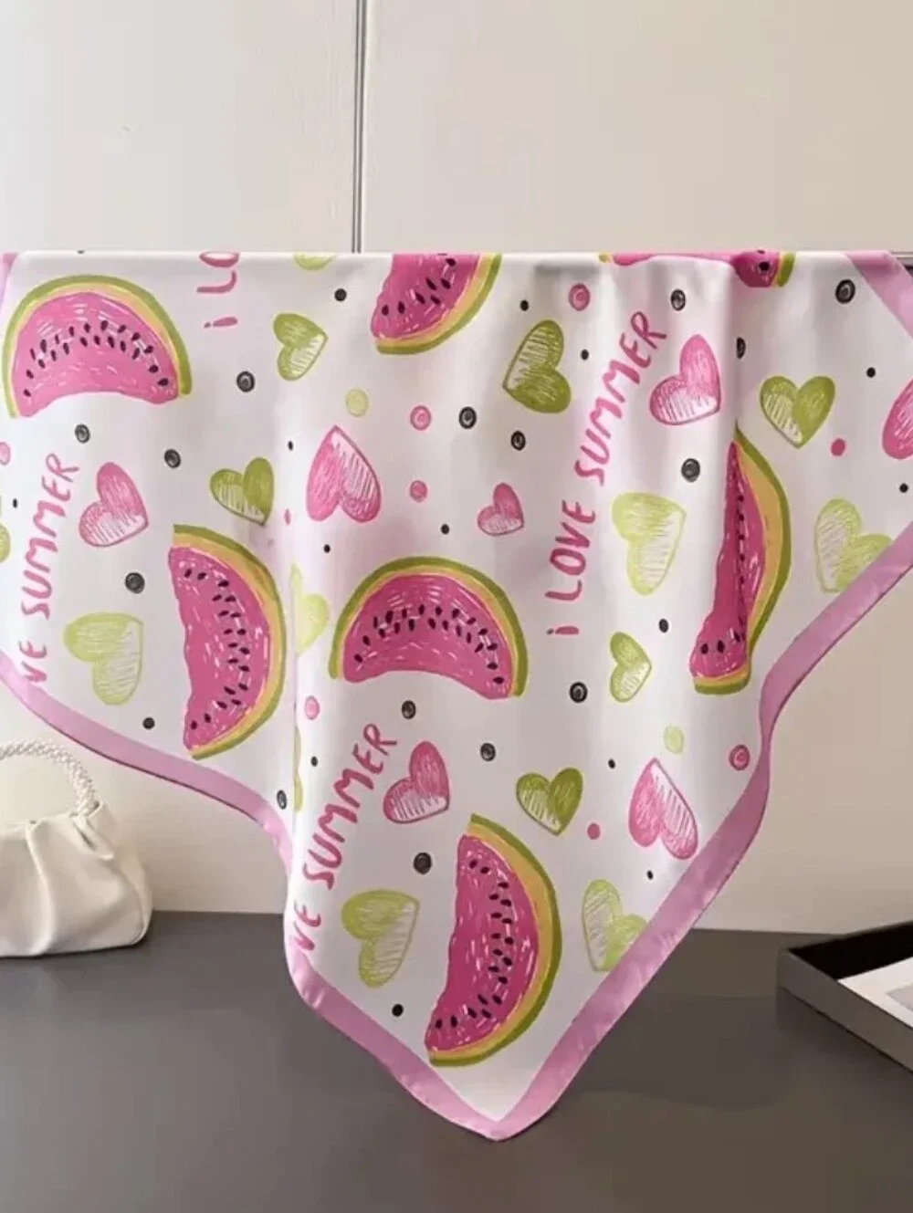 Silk-feel Pink Watermelon Print Neck Scarf , Head Scarf