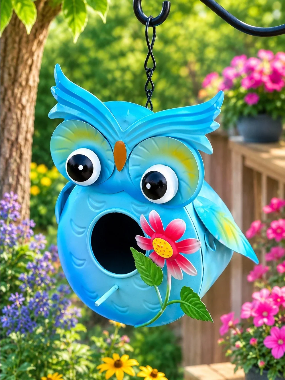 🩷. Blue Owl Birdhouse with Pink Flower Accent -