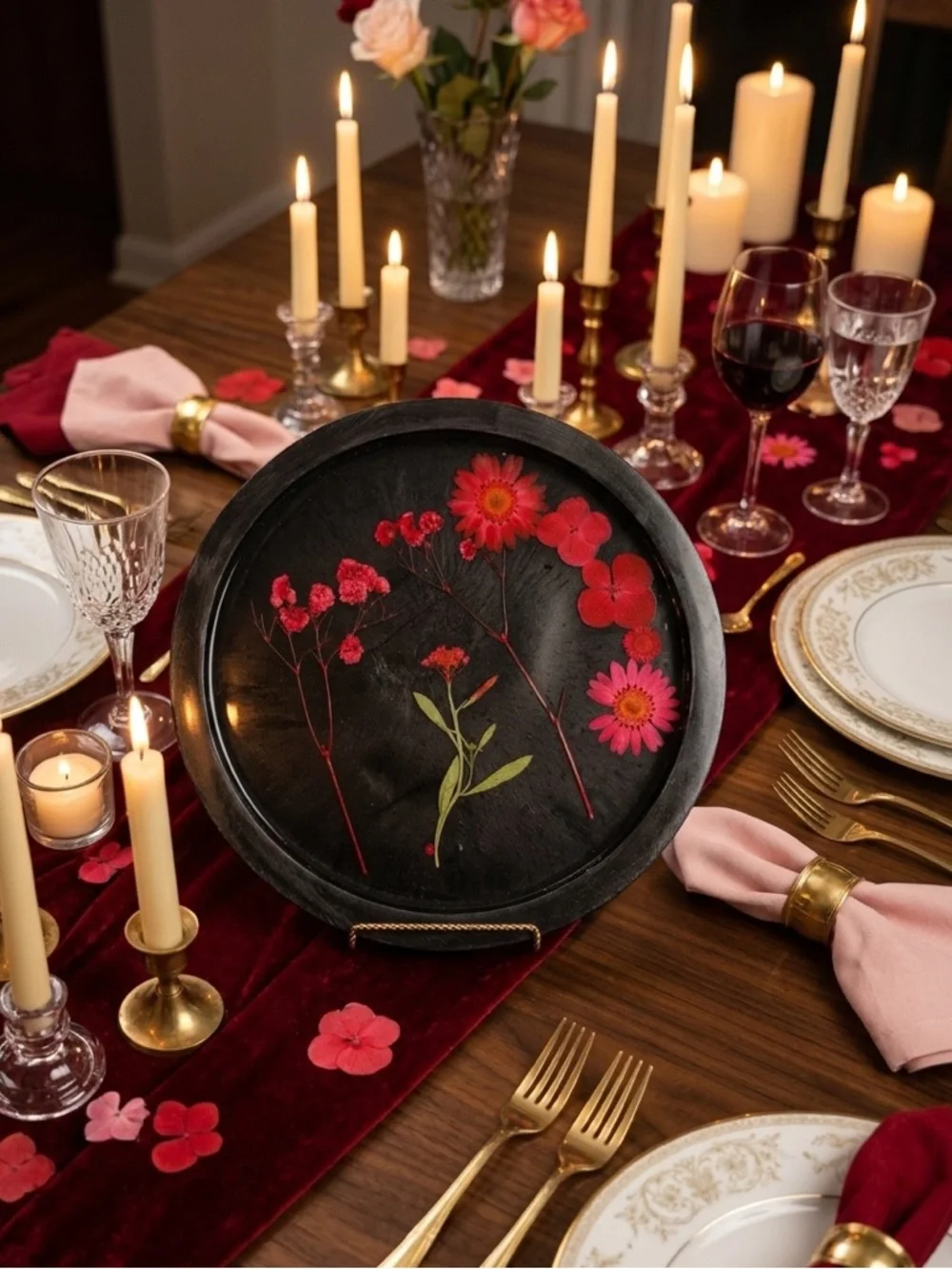 NORE’S NOVELTIES Handcrafted Decorative Round Tray “DARK BLOSSOM” w Real Flowers