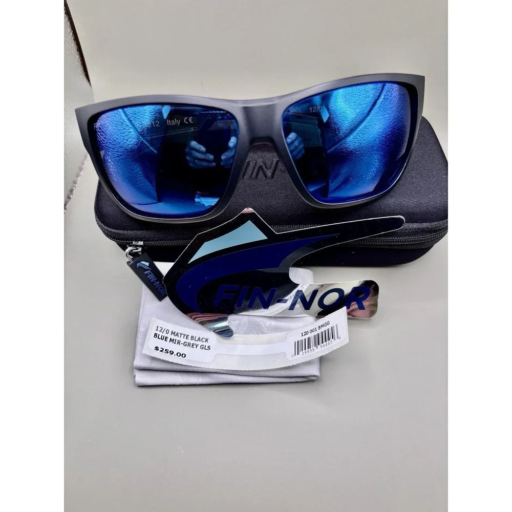 Authentic Fin-Nor 12/0‎ Sunglasses - Matte Black / Blue Mirror Grey Glass - NIB